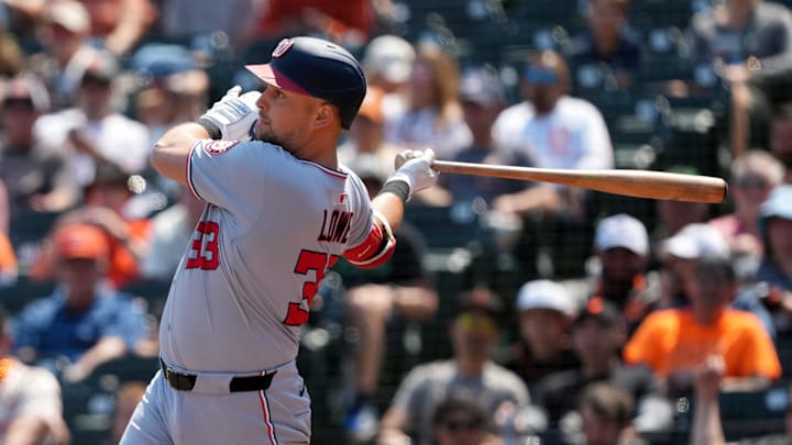 Aug 10, 2025; San Francisco, California, USA; Washington Nationals first baseman Nathaniel Lowe (33) bats against the San Francisco Giants during the sixth inning at Oracle Park. Mandatory Credit: Darren Yamashita-Imagn Images