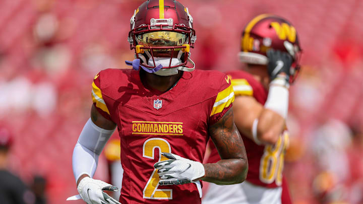 Sep 8, 2024; Tampa, Florida, USA; Washington Commanders wide receiver Dyami Brown (2) warms up before a game against the Tampa Bay Buccaneers at Raymond James Stadium. Mandatory Credit: Nathan Ray Seebeck-Imagn Images