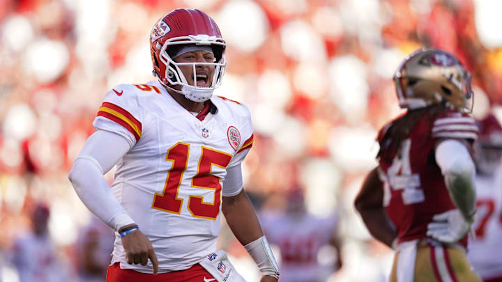 Oct 20, 2024; Santa Clara, California, USA; Kansas City Chiefs quarterback Patrick Mahomes (15) reacts after the Chiefs scored a touchdown against the San Francisco 49ers in the fourth quarter at Levi's Stadium. Mandatory Credit: Cary Edmondson-Imagn Images