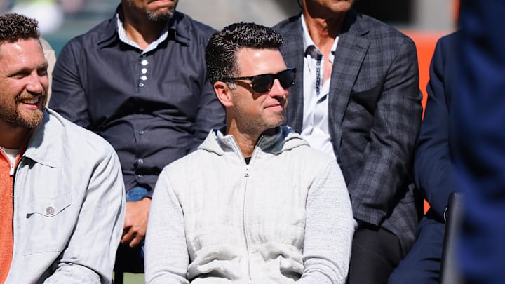 Aug 27, 2023; San Francisco, California, USA; Former San Francisco Giants players Hunter Pence and Buster Posey during a Wall of Fame induction ceremony before the game against the Atlanta Braves at Oracle Park.