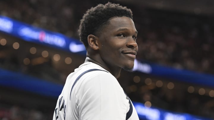Jul 10, 2024; Las Vegas, Nevada, USA; USA guard Anthony Edwards (5) looks on in the fourth quarter against Canada in the USA Basketball Showcase at T-Mobile Arena. Mandatory Credit: Candice Ward-USA TODAY Sports