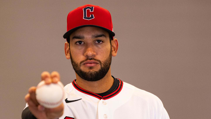 Feb 19, 2026; Goodyear, AZ, USA; Cleveland Guardians pitcher Daniel Espino (66) during media day in Goodyear. Mandatory Credit: Arianna Grainey-Imagn Images