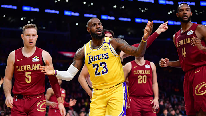 Lakers forward LeBron James reacts to a call during the first half of a matchup against the Cavaliers in December 2024.