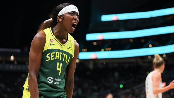 Jun 25, 2026; Seattle, Washington, USA; Seattle Storm guard Flau'jae Johnson (4) reacts in the second half against the New York Liberty at Climate Pledge Arena. Mandatory Credit: Kevin Ng-Imagn Images