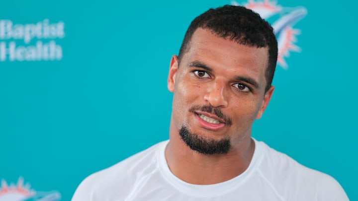 Miami Dolphins safety Minkah Fitzpatrick (29) speaks to reporters during training camp at Baptist Health Training Complex. Miami Dolphins safety Minkah Fitzpatrick (29) speaks to reporters during training camp at Baptist Health Training Complex.