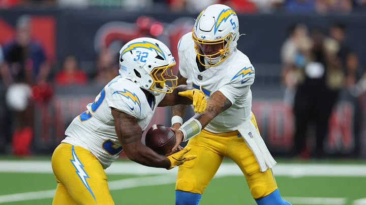 Aug 13, 2026; Houston, Texas, USA; Los Angeles Chargers quarterback Trey Lance (5) hands off to running back Jaret Patterson (32) during the game against the Houston Texans at Reliant Stadium. Mandatory Credit: Troy Taormina-Imagn Images Aug 13, 2026; Houston, Texas, USA; Los Angeles Chargers quarterback Trey Lance (5) hands off to running back Jaret Patterson (32) during the game against the Houston Texans at Reliant Stadium. Mandatory Credit: Troy Taormina-Imagn Images