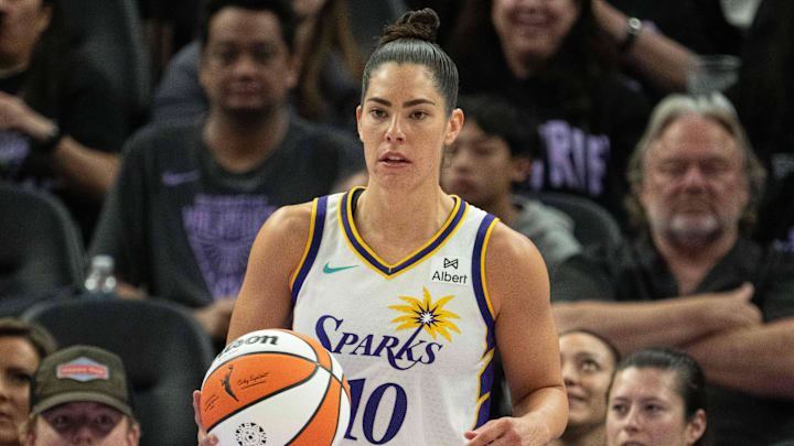 May 6, 2025; San Francisco, CA, USA; Los Angeles Sparks guard Kelsey Plum (10) during the third quarter against the Golden State Valkyries at Chase Center. Mandatory Credit: Kyle Terada-Imagn Images