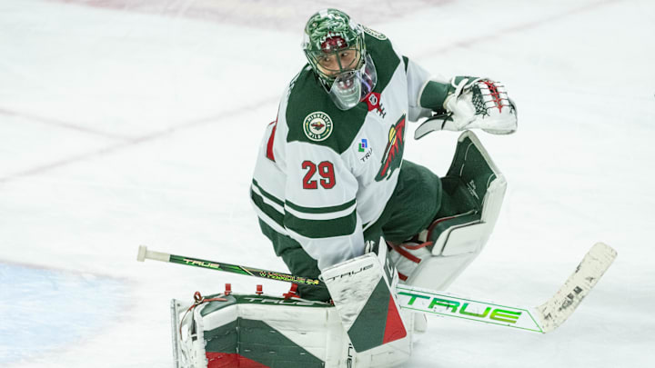 Feb 1, 2025; Ottawa, Ontario, CAN; Minnesota Wild goalie Marc-Andre Fleury (29) warms up prior to game against the Ottawa Senators at the Canadian Tire Centre. Mandatory Credit: Marc DesRosiers-Imagn Images
