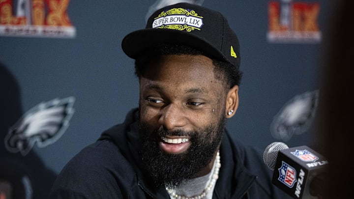 Feb 4, 2025; New Orleans, LA, USA; Philadelphia Eagles linebacker Josh Sweat speaks with the media during a press conference at Hilton New Orleans Riverside. Mandatory Credit: Bill Streicher-Imagn Images Feb 4, 2025; New Orleans, LA, USA; Philadelphia Eagles linebacker Josh Sweat speaks with the media during a press conference at Hilton New Orleans Riverside. Mandatory Credit: Bill Streicher-Imagn Images
