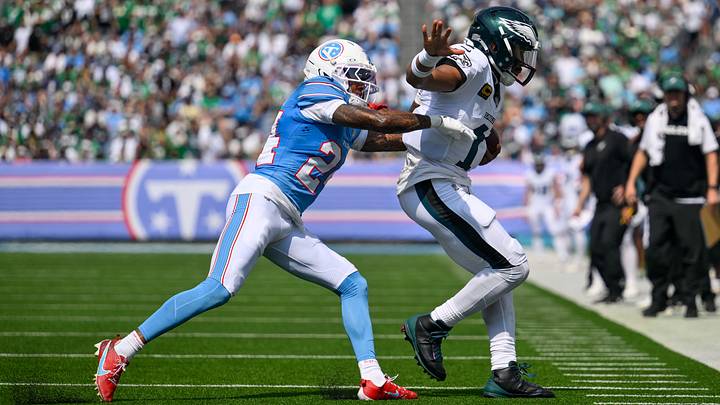 Sep 20, 2026; Nashville, Tennessee, USA; Philadelphia Eagles quarterback Jalen Hurts (1) gets shoved out of bounds by Tennessee Titans cornerback Alontae Taylor (24) during the first half at Nissan Stadium. Mandatory Credit: Steve Roberts-Imagn Images Sep 20, 2026; Nashville, Tennessee, USA; Philadelphia Eagles quarterback Jalen Hurts (1) gets shoved out of bounds by Tennessee Titans cornerback Alontae Taylor (24) during the first half at Nissan Stadium. Mandatory Credit: Steve Roberts-Imagn Images
