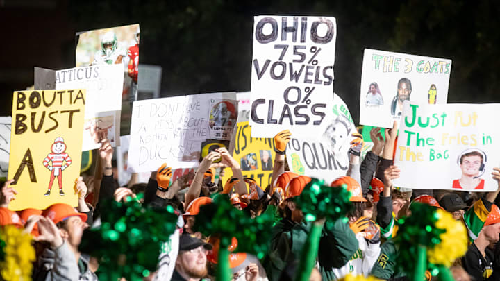 Fans cheer during ESPN’s “College GameDay” Saturday, Oct. 12, 2024 on the campus of the University of Oregon in Eugene, Ore.