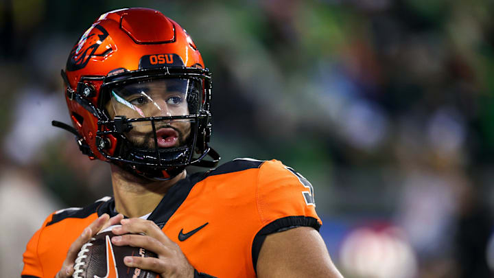 Oregon State Beavers quarterback DJ Uiagalelei warm ups before the annual rivalry game against