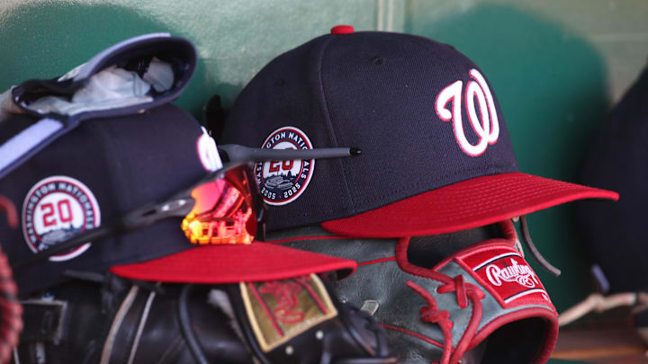 Apr 17, 2025; Pittsburgh, Pennsylvania, USA; Washington Nationals hats and gloves in the dugout against the Pittsburgh Pirates during the sixth inning at PNC Park. Apr 17, 2025; Pittsburgh, Pennsylvania, USA; Washington Nationals hats and gloves in the dugout against the Pittsburgh Pirates during the sixth inning at PNC Park.