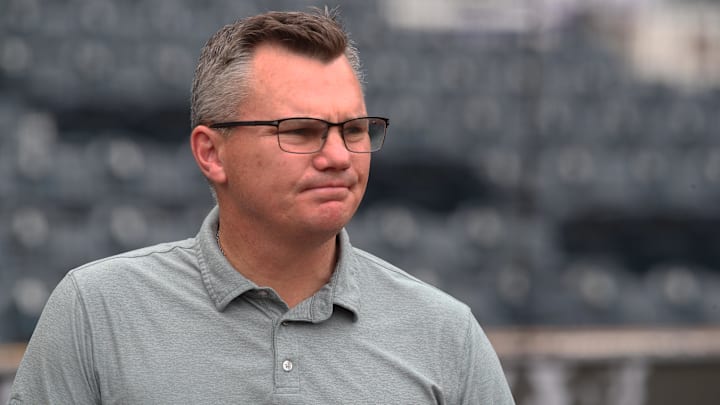 Apr 19, 2025; Pittsburgh, Pennsylvania, USA;  Pittsburgh Pirates general manager Ben Cherington observes batting practice before the game against the Cleveland Guardians   at PNC Park. Mandatory Credit: Charles LeClaire-Imagn Images