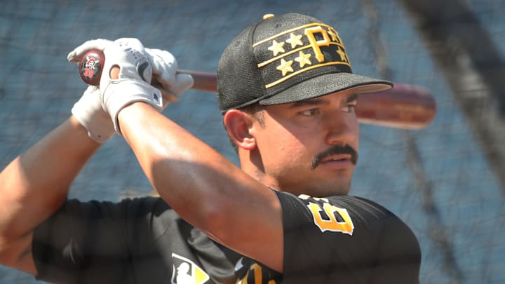 Jul 19, 2025; Pittsburgh, Pennsylvania, USA;  Pittsburgh Pirates second baseman Nick Gonzales (39) in the batting cage before the game against the Chicago White Sox at PNC Park. Mandatory Credit: Charles LeClaire-Imagn Images
