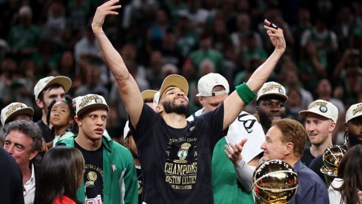 Boston Celtics forward Jayson Tatum (0) celebrates. Boston Celtics forward Jayson Tatum (0) celebrates.