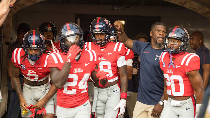 Oct 12, 2024; Baton Rouge, Louisiana, USA;  Mississippi Rebels running back Ulysses Bentley IV (24) and wide receiver Cayden Lee (19) in the tunnel before a game against the LSU Tigers at Tiger Stadium. Mandatory Credit: Stephen Lew-Imagn Images