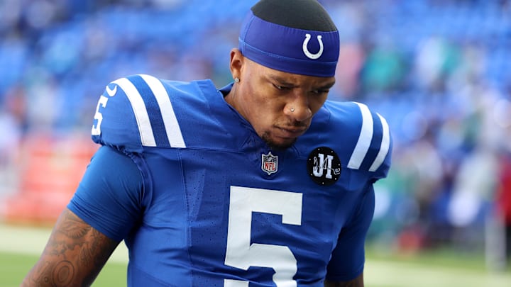 Sep 7, 2025; Indianapolis, Indiana, USA; Indianapolis Colts quarterback Anthony Richardson Sr. (5) warms up before a game against the Miami Dolphins at Lucas Oil Stadium. Mandatory Credit: Trevor Ruszkowski-Imagn Images