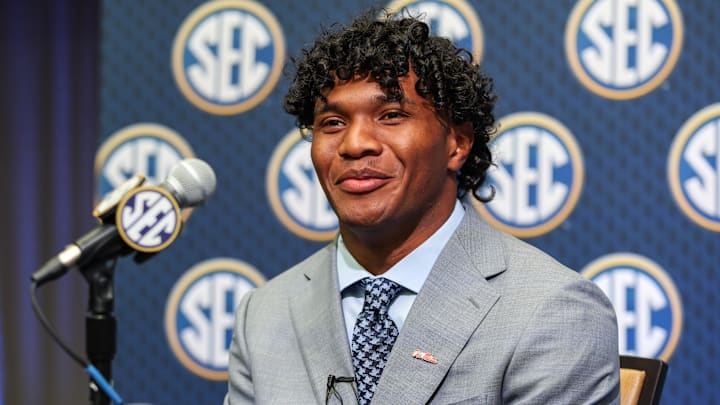 Jul 14, 2025; Atlanta, GA, USA; Ole Miss Rebels quarterback Austin Simmons answers media questions during SEC Media Day at Omni Atlanta Hotel. Mandatory Credit: Jordan Godfree-Imagn Images