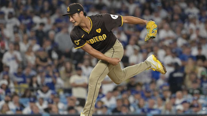 San Diego Padres starter Yu Darvish throws during Game 2 of a National League Divisional Series against the Los Angeles Dodgers on Sunday at Dodger Stadium.