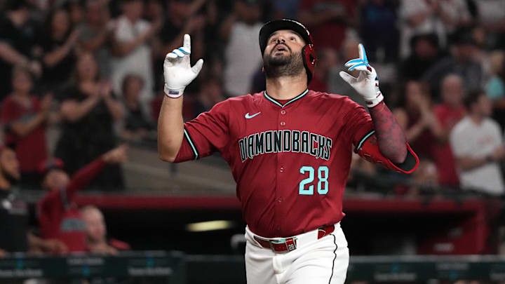 Jul 21, 2025; Phoenix, Arizona, USA; Arizona Diamondbacks third base Eugenio Suarez (28) celebrates after hitting a home run against the Houston Astros in the third inning at Chase Field. Mandatory Credit: Rick Scuteri-Imagn Images Jul 21, 2025; Phoenix, Arizona, USA; Arizona Diamondbacks third base Eugenio Suarez (28) celebrates after hitting a home run against the Houston Astros in the third inning at Chase Field. Mandatory Credit: Rick Scuteri-Imagn Images