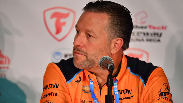 Sep 8, 2023; Salinas, California, USA; McLaren Racing chief executive officer Zak Brown speaks  to announce  driver David Malukas (18) move to Arrow McLaren Racing for the 2024 season before free practice at WeatherTech Raceway Laguna Seca. Mandatory Credit: Gary A. Vasquez-USA TODAY Sports