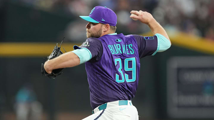 May 10, 2025; Phoenix, Arizona, USA; Arizona Diamondbacks pitcher Corbin Burnes (39) pitches against the Los Angeles Dodgers during the first inning at Chase Field. Mandatory Credit: Joe Camporeale-Imagn Images