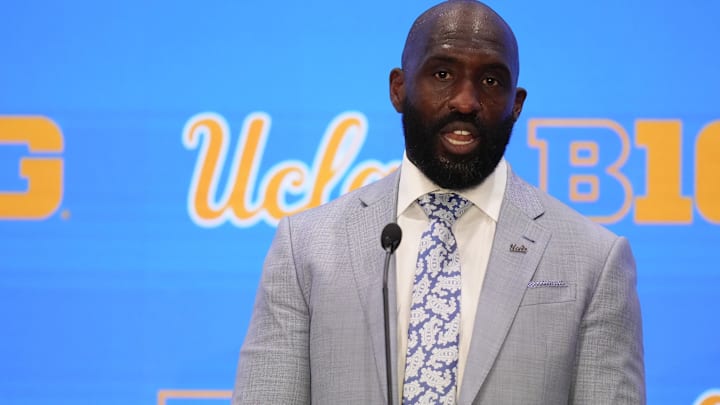 Jul 24, 2025; Las Vegas, NV, USA; UCLA head coach DeShaun Foster speaks to the media during the Big Ten NCAA college football media days at Mandalay Bay Resort. Mandatory Credit: Lucas Peltier-Imagn Images