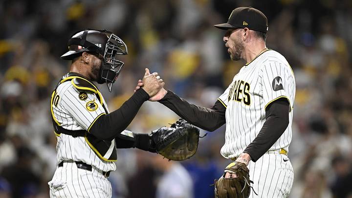 Sep 29, 2026; San Diego, California, USA; San Diego Padres pitcher Joe Musgrove (44) and catcher Luis Campusano (12) celebrate after defeating the Chicago Cubs in game one of the Wildcard round for the 2026 MLB Playoffs at Petco Park. Mandatory Credit: Denis Poroy-Imagn Images Sep 29, 2026; San Diego, California, USA; San Diego Padres pitcher Joe Musgrove (44) and catcher Luis Campusano (12) celebrate after defeating the Chicago Cubs in game one of the Wildcard round for the 2026 MLB Playoffs at Petco Park. Mandatory Credit: Denis Poroy-Imagn Images