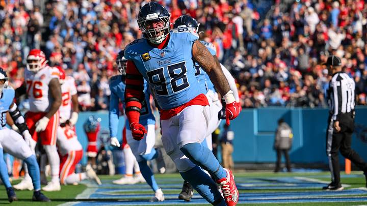 Dec 21, 2025; Nashville, Tennessee, USA;  Tennessee Titans defensive tackle Jeffery Simmons (98) celebrates the safety against the Kansas City Chiefs during the first half at Nissan Stadium. Mandatory Credit: Steve Roberts-Imagn Images