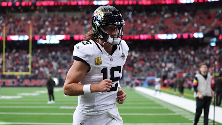 Nov 9, 2025; Houston, Texas, USA; Jacksonville Jaguars quarterback Trevor Lawrence (16) leaves the field following a game against the Houston Texans at NRG Stadium. Mandatory Credit: Troy Taormina-Imagn Images