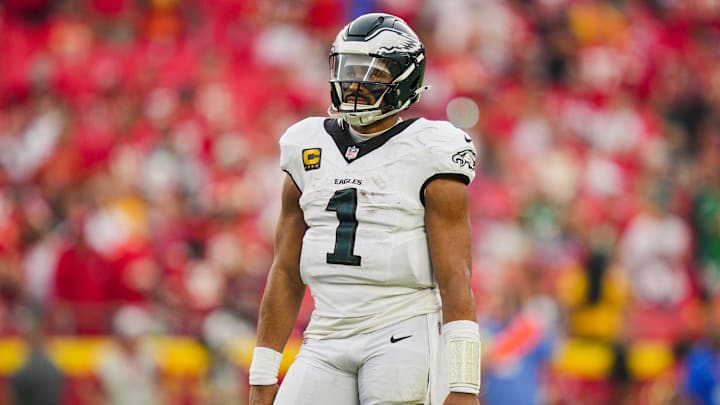 Sep 14, 2025; Kansas City, Missouri, USA; Philadelphia Eagles quarterback Jalen Hurts (1) reacts during the second half against the Kansas City Chiefs at GEHA Field at Arrowhead Stadium. 