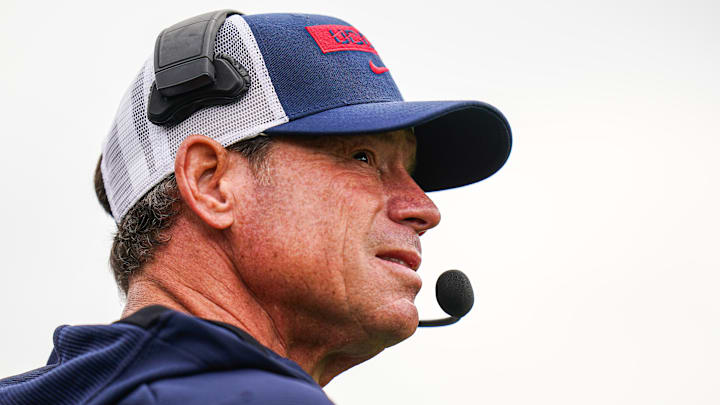 Sep 28, 2024; East Hartford, Connecticut, USA; Connecticut Huskies head coach Jim Mora watches from the sideline as they take on the Buffalo Bulls at Rentschler Field at Pratt & Whitney Stadium. Mandatory Credit: David Butler II-Imagn Images Sep 28, 2024; East Hartford, Connecticut, USA; Connecticut Huskies head coach Jim Mora watches from the sideline as they take on the Buffalo Bulls at Rentschler Field at Pratt & Whitney Stadium. Mandatory Credit: David Butler II-Imagn Images