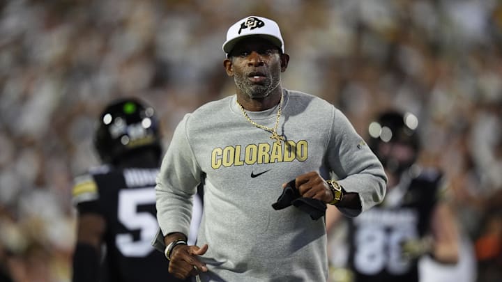 Sep 20, 2025; Boulder, Colorado, USA; Colorado Buffaloes head coach Deion Sanders before the game against the Wyoming Cowboys at Folsom Field. Mandatory Credit: Ron Chenoy-Imagn Images