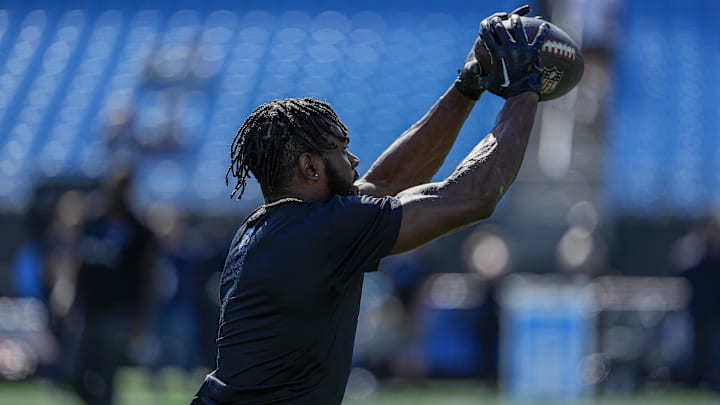 Carolina Panthers wide receiver Jonathan Mingo during pregame warm-ups against the Atlanta Falcons.