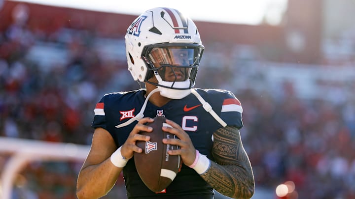 Nov 8, 2025; Tucson, Arizona, USA; Arizona Wildcats quarterback Noah Fifita (1) against the Kansas Jayhawks at Arizona Stadium. Mandatory Credit: Mark J. Rebilas-Imagn Images Nov 8, 2025; Tucson, Arizona, USA; Arizona Wildcats quarterback Noah Fifita (1) against the Kansas Jayhawks at Arizona Stadium. Mandatory Credit: Mark J. Rebilas-Imagn Images