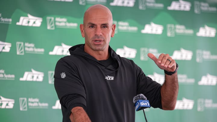 Jul 27, 2024; Florham Park, NJ, USA; New York Jets head coach Robert Saleh talks with media during training camp at Atlantic Health Jets Training Center. Jul 27, 2024; Florham Park, NJ, USA; New York Jets head coach Robert Saleh talks with media during training camp at Atlantic Health Jets Training Center.