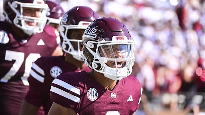 Mississippi State Bulldogs quarterback Michael Van Buren Jr. (0) reacts after a touchdown against the Arkansas Razorbacks during the third quarter at Davis Wade Stadium at Scott Field.