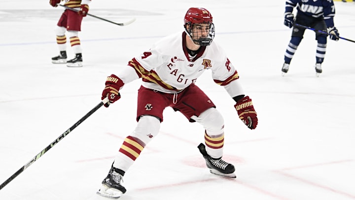 Feb 28, 2025; Chestnut Hill, MA, USA; Boston College forward Andre Gasseau (24) skates against the University of New Hampshire Wildcats during the first period at Conte Forum. Mandatory Credit: Eric Canha-Imagn Images