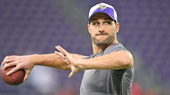 Oct 23, 2023; Minneapolis, Minnesota, USA; Minnesota Vikings quarterback Kirk Cousins (8) warms up