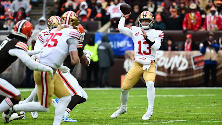 Nov 30, 2025; Cleveland, Ohio, USA;  San Francisco 49ers quarterback Brock Purdy (13) makes a pass during the first half against the Cleveland Browns at Huntington Bank Field. Mandatory Credit: Ken Blaze-Imagn Images