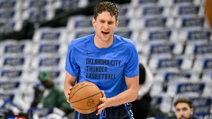 May 13, 2024; Dallas, Texas, USA; Oklahoma City Thunder center Mike Muscala (50) warms up before the game between the Dallas Mavericks and the Oklahoma City Thunder in game four of the second round for the 2024 NBA playoffs at American Airlines Center. Mandatory Credit: Jerome Miron-USA TODAY Sports
