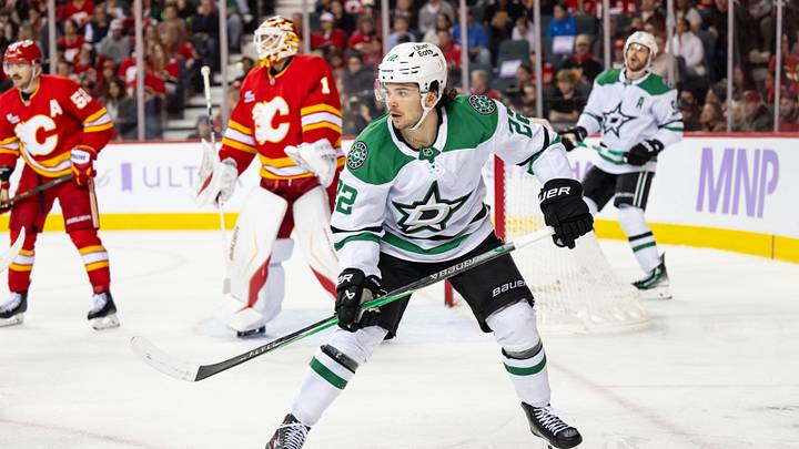 Nov 22, 2025; Calgary, Alberta, CAN; Dallas Stars center Mavrik Bourque (22) skates against the Calgary Flames during the second period at Scotiabank Saddledome. Mandatory Credit: Brett Holmes-Imagn Images