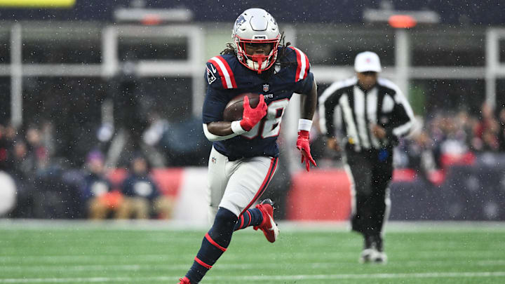 Jan 18, 2026; Foxborough, MA, USA; New England Patriots running back Rhamondre Stevenson (38) moves with the ball in the first quarter in an AFC Divisional Round game against the Houston Texans at Gillette Stadium. Mandatory Credit: Brian Fluharty-Imagn Images