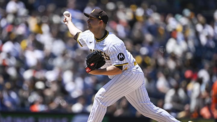 Apr 30, 2025; San Diego, California, USA; San Diego Padres starting pitcher Michael King (34) delivers during the first inning against the San Francisco Giants at Petco Park. Mandatory Credit: Denis Poroy-Imagn Images