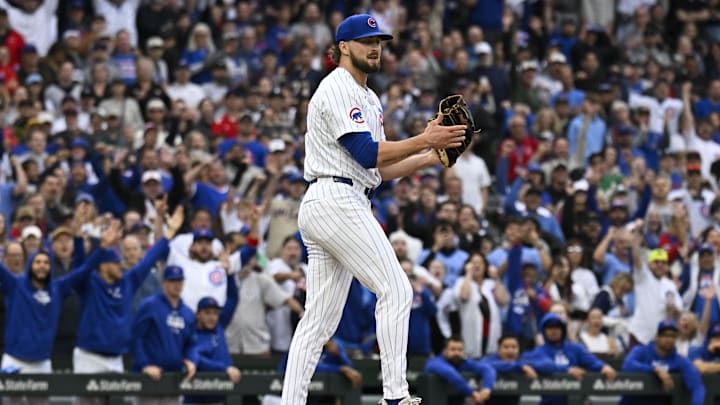 Sep 28, 2024; Chicago, Illinois, USA;  Chicago Cubs pitcher Porter Hodge (37) reacts after a game against the Cincinnati Reds at Wrigley Field. Mandatory Credit: Matt Marton-Imagn Images