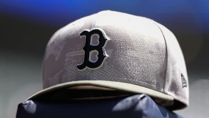 May 26, 2025; Milwaukee, Wisconsin, USA;  General view of a Boston Red Sox hat during warmups prior the game against the Milwaukee Brewers at American Family Field. Mandatory Credit: Jeff Hanisch-Imagn Images
