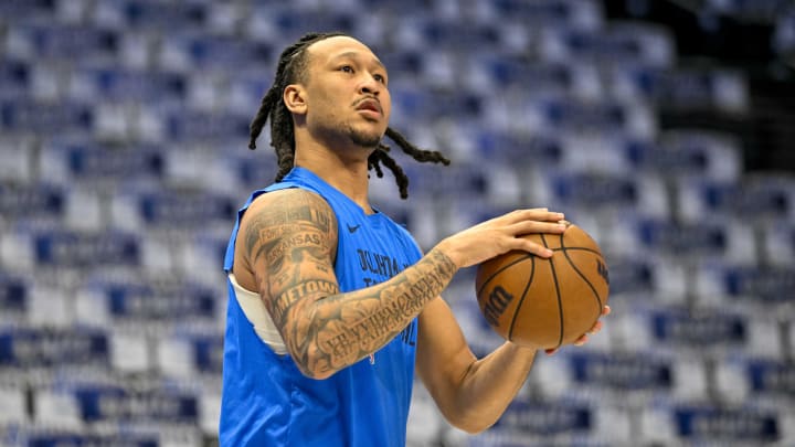 May 13, 2024; Dallas, Texas, USA; Oklahoma City Thunder forward Jaylin Williams (6) warms up before the game between the Dallas Mavericks and the Oklahoma City Thunder in game four of the second round for the 2024 NBA playoffs at American Airlines Center. Mandatory Credit: Jerome Miron-USA TODAY Sports May 13, 2024; Dallas, Texas, USA; Oklahoma City Thunder forward Jaylin Williams (6) warms up before the game between the Dallas Mavericks and the Oklahoma City Thunder in game four of the second round for the 2024 NBA playoffs at American Airlines Center. Mandatory Credit: Jerome Miron-USA TODAY Sports