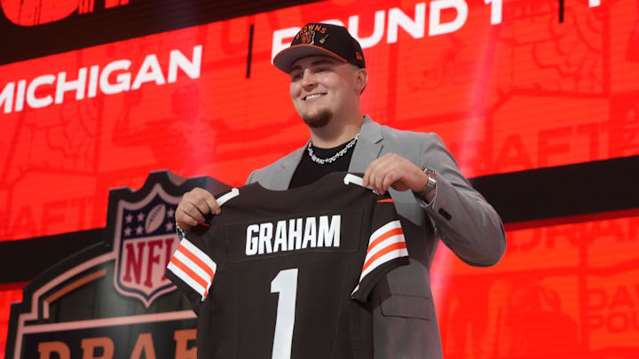 Apr 24, 2025; Green Bay, WI, USA; Michigan Wolverines defensive lineman Mason Graham is selected by the Cleveland Browns as the number five pick in the first round of the 2025 NFL Draft at Lambeau Field. Mandatory Credit: Kirby Lee-Imagn Images