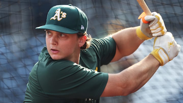 Sep 19, 2025; Pittsburgh, Pennsylvania, USA;  Athletics first baseman Nick Kurtz (16) in the batting cage before the game against the Pittsburgh Pirates at PNC Park. Mandatory Credit: Charles LeClaire-Imagn Images